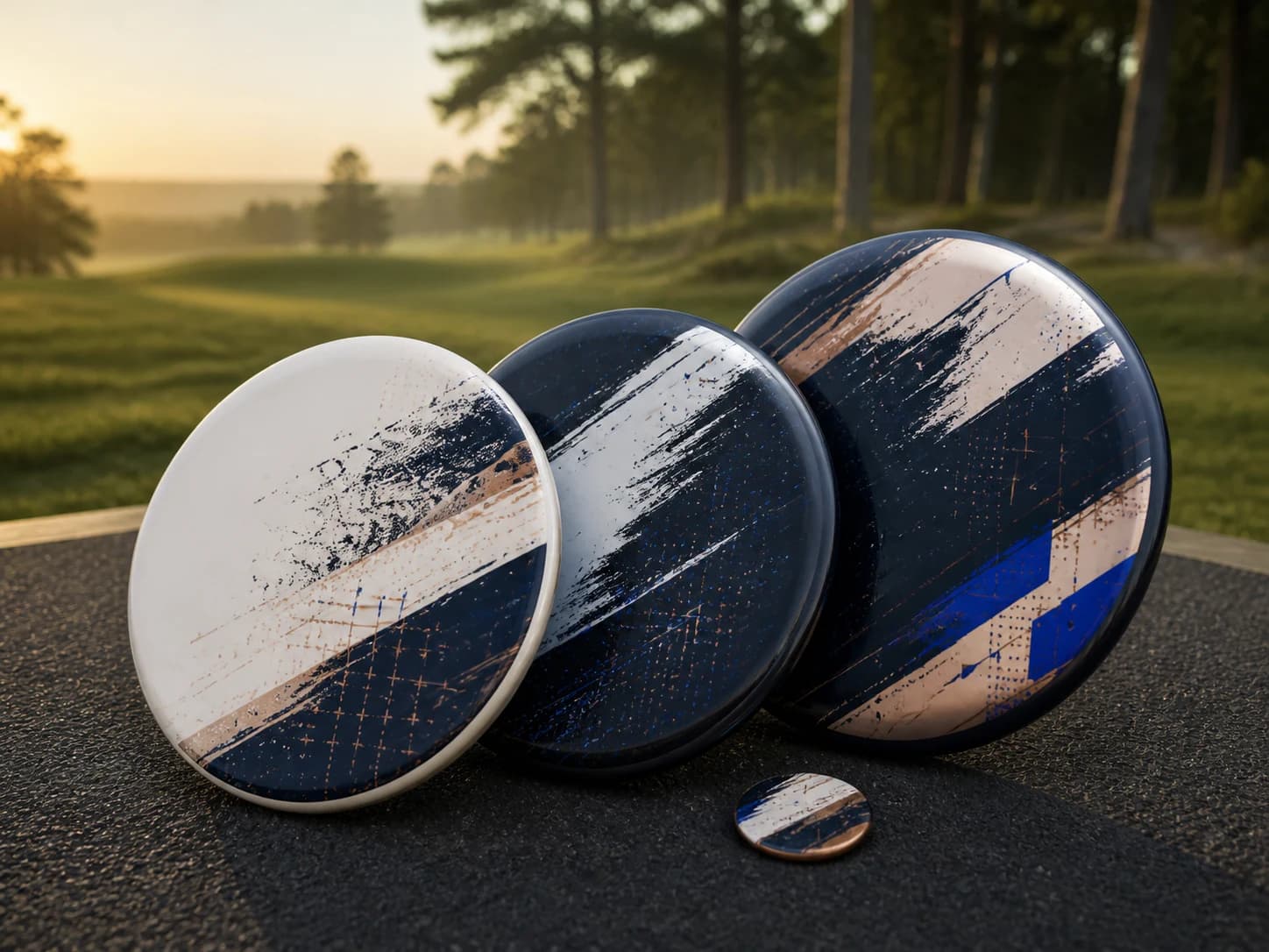 Three coordinated premium disc golf discs and a matching mini marker