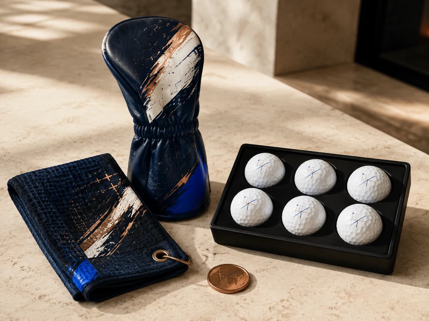 Coordinated custom golf headcover, towel, marker, and golf balls