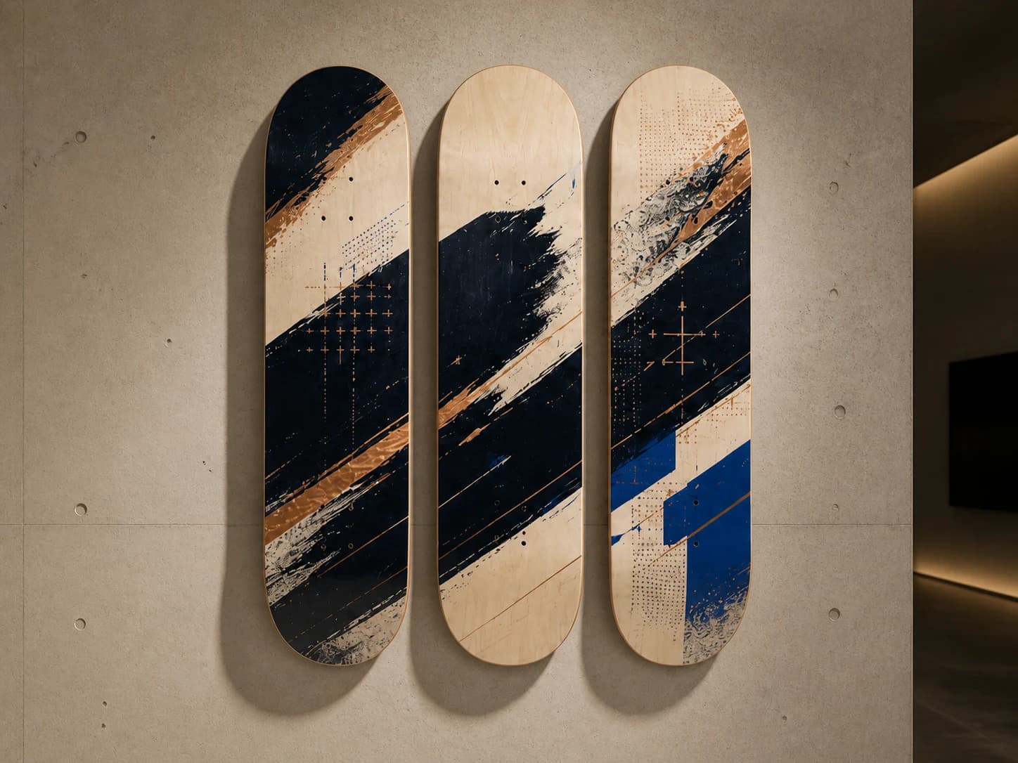 Three coordinated custom skateboard decks mounted vertically as one gallery wall-art composition