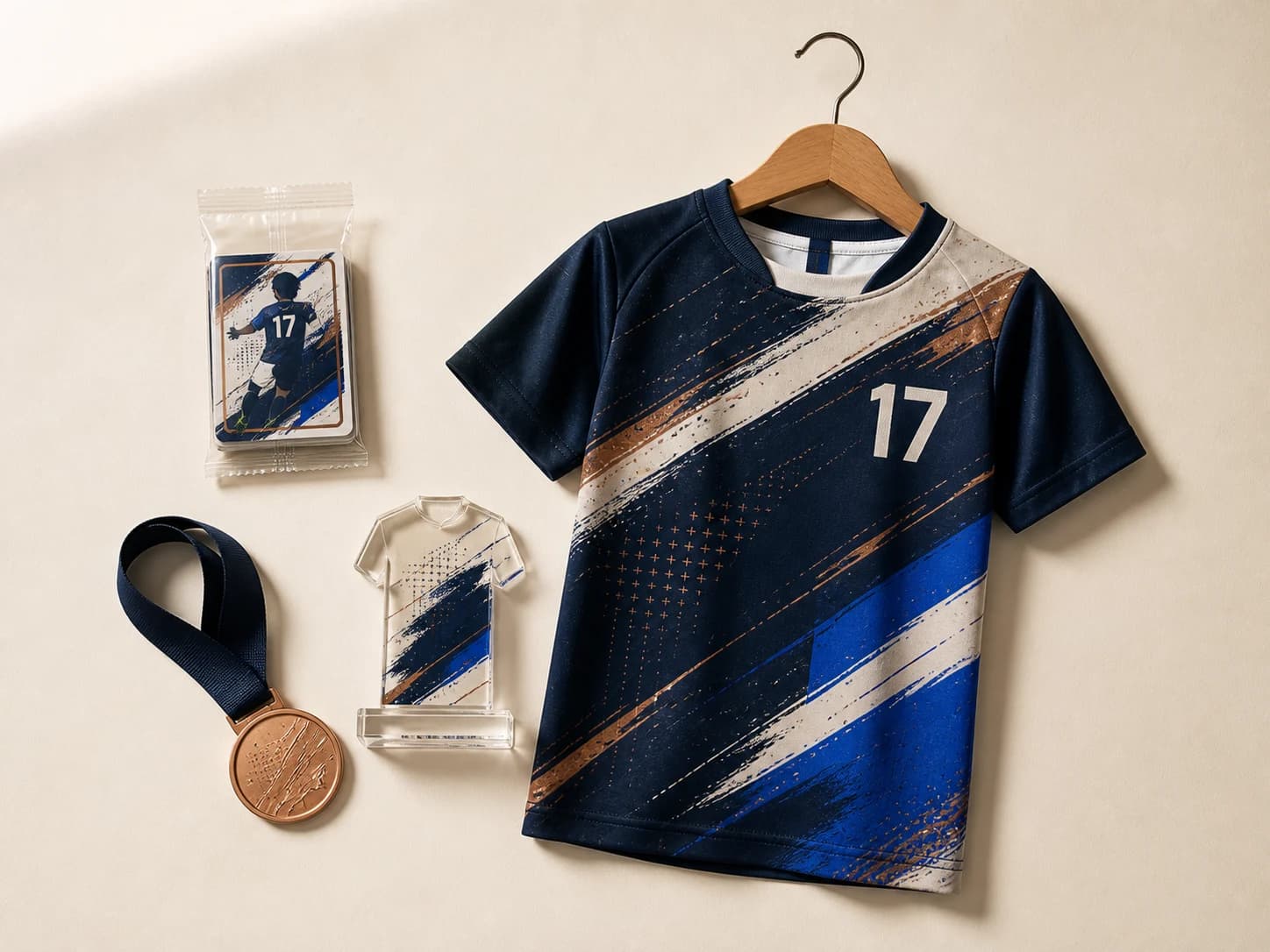 Coordinated youth jersey, player cards, medal, and acrylic trophy