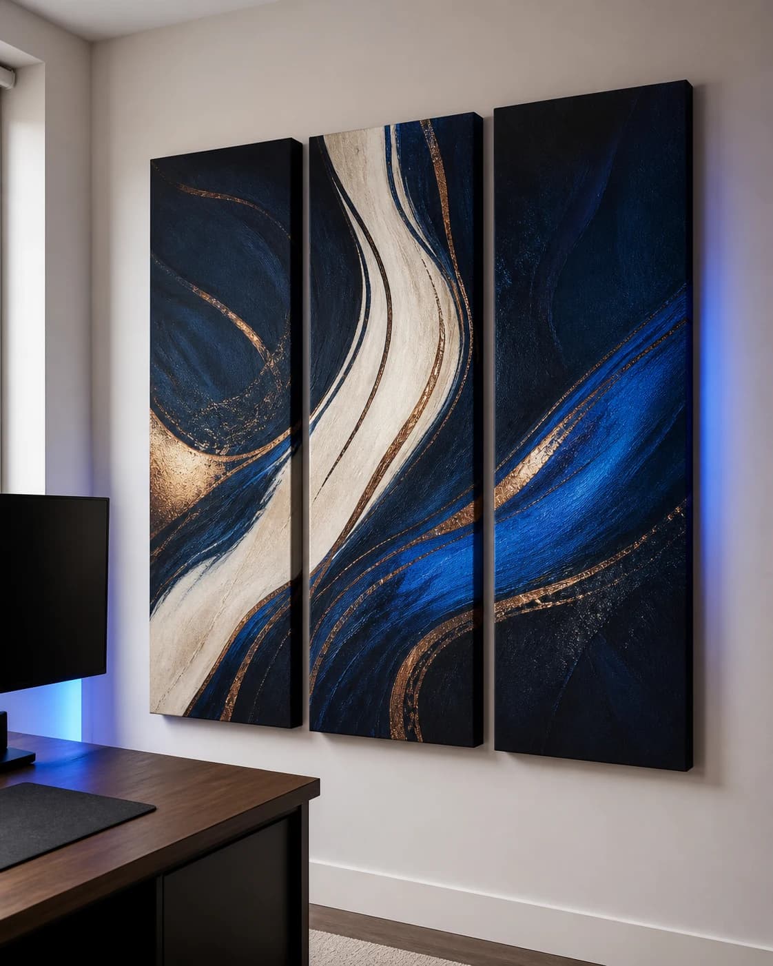 Coordinated custom acoustic art panels above a premium gaming setup