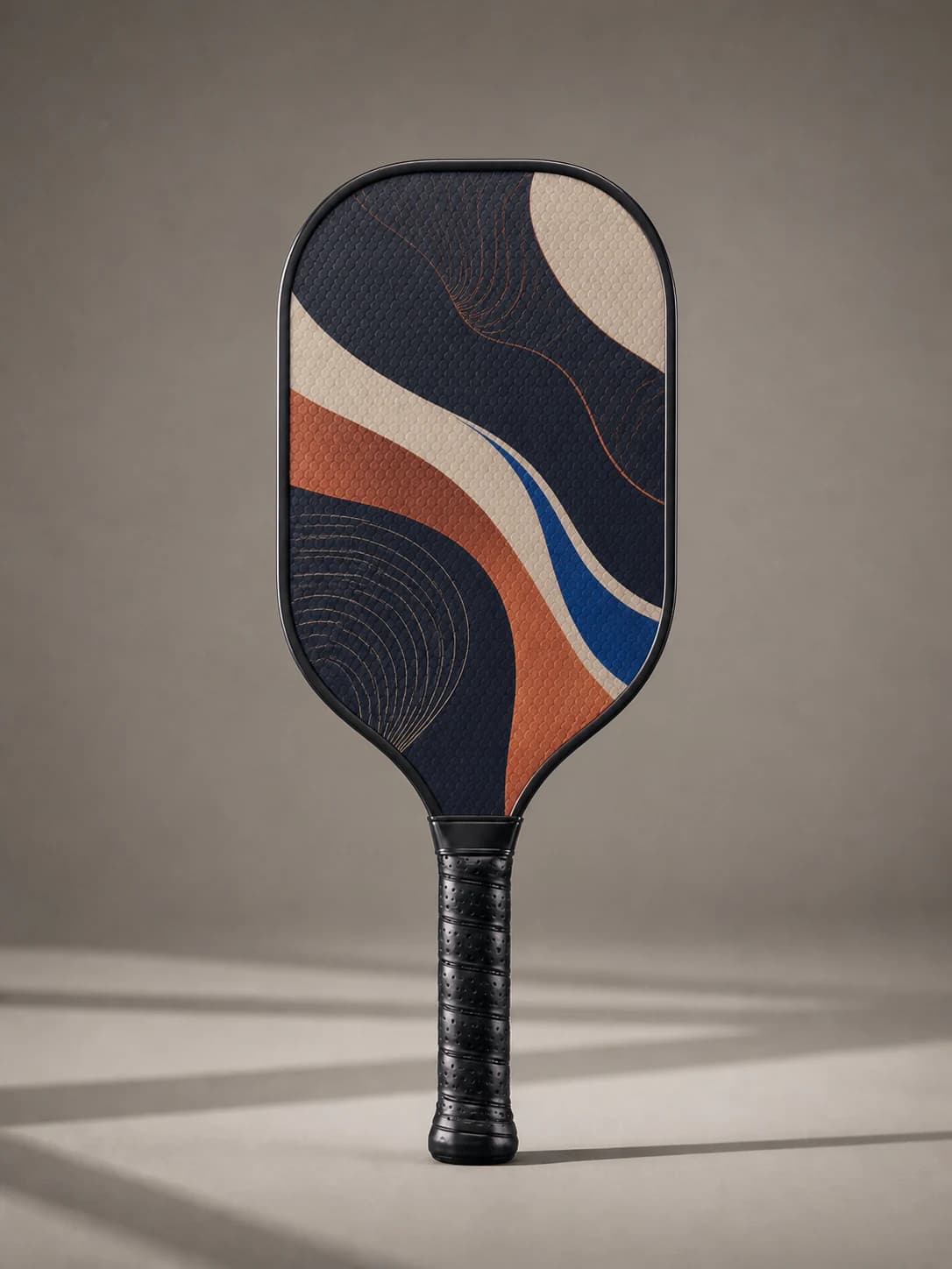 Custom pickleball paddle with navy, ivory, copper, and cobalt abstract artwork