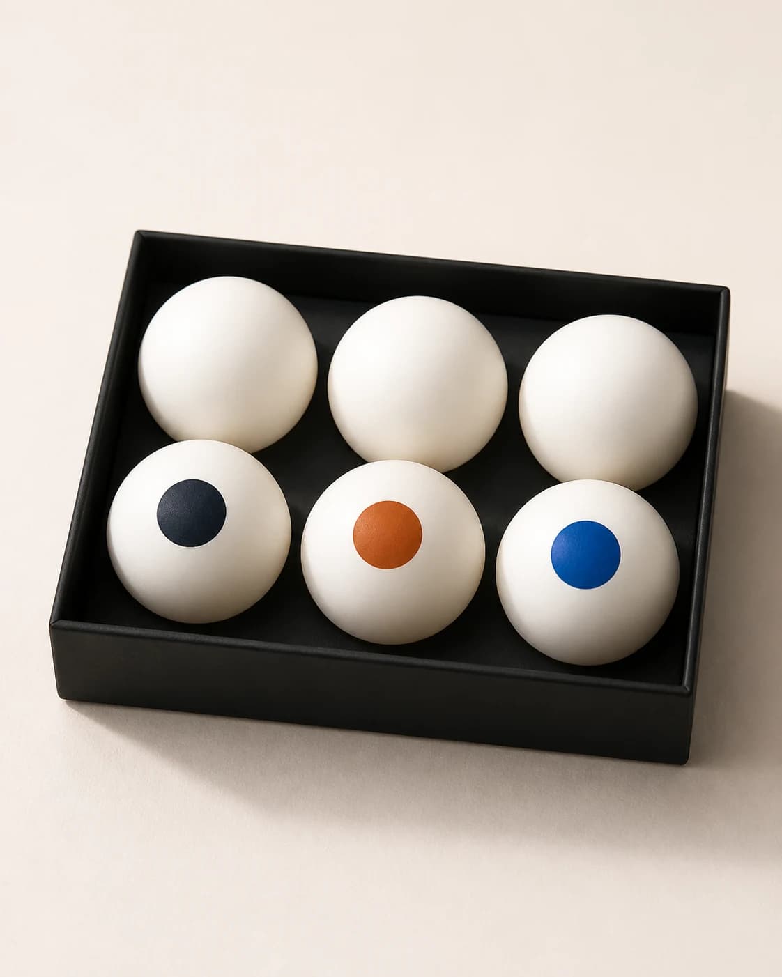Six custom printed ping-pong balls arranged as a premium table-tennis gift