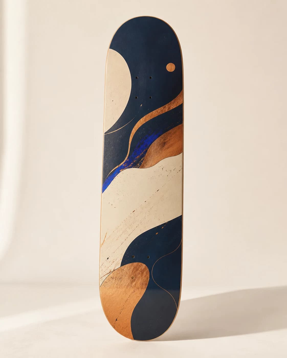 Premium full-art custom skateboard deck displayed vertically in a studio