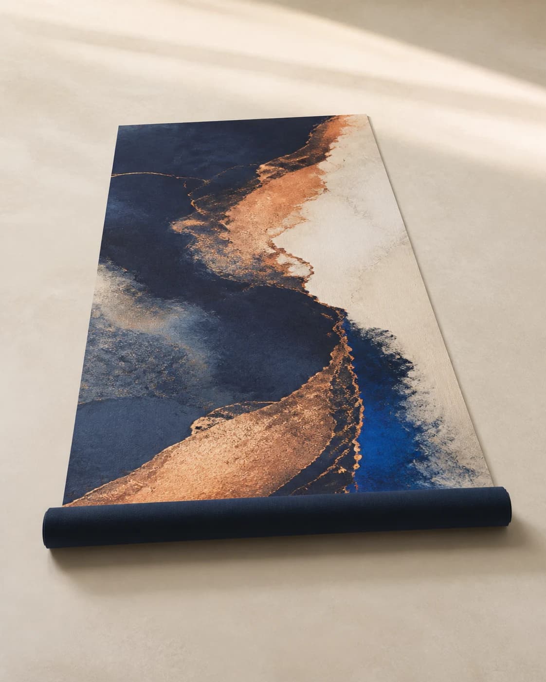 Full-art custom yoga mat styled in a bright premium training studio
